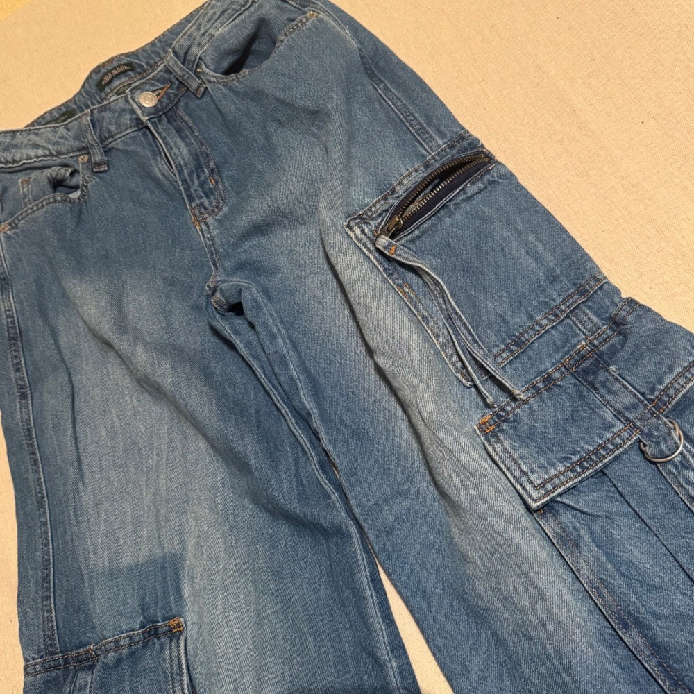 Wild Fable Womens Mid Rise Baggy Cargo Jeans Medium Wash Wide Leg Denim 4